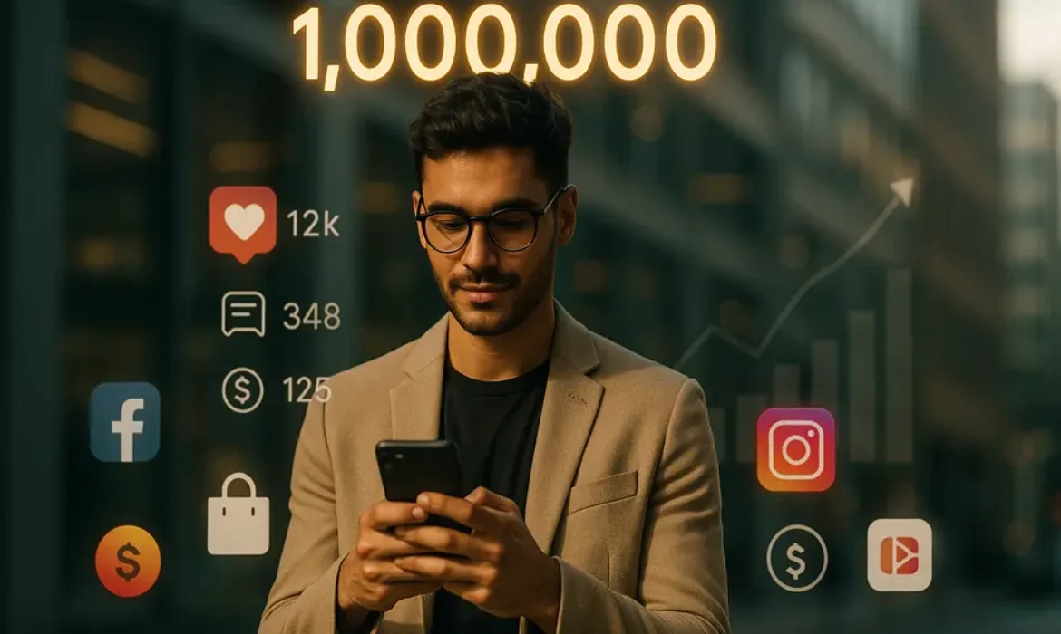 Stylish influencer with 1M followers glowing above, engaging smartphone, brand icons, and growing metrics.