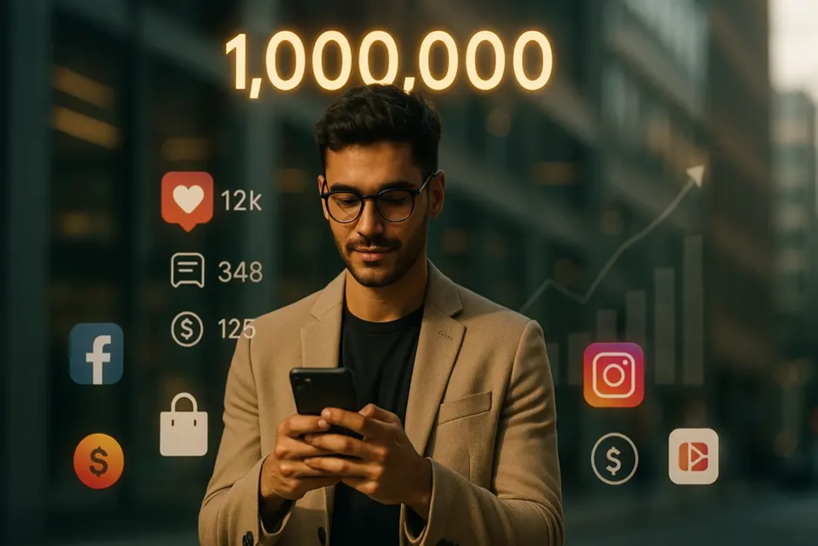 Stylish influencer with 1M followers glowing above, engaging smartphone, brand icons, and growing metrics.