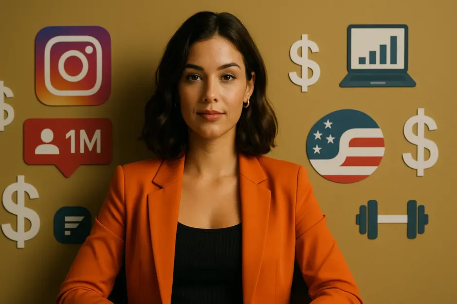 Confident Instagram influencer surrounded by social media icons, dollar signs, and niche symbols for fitness, tech, and finance.