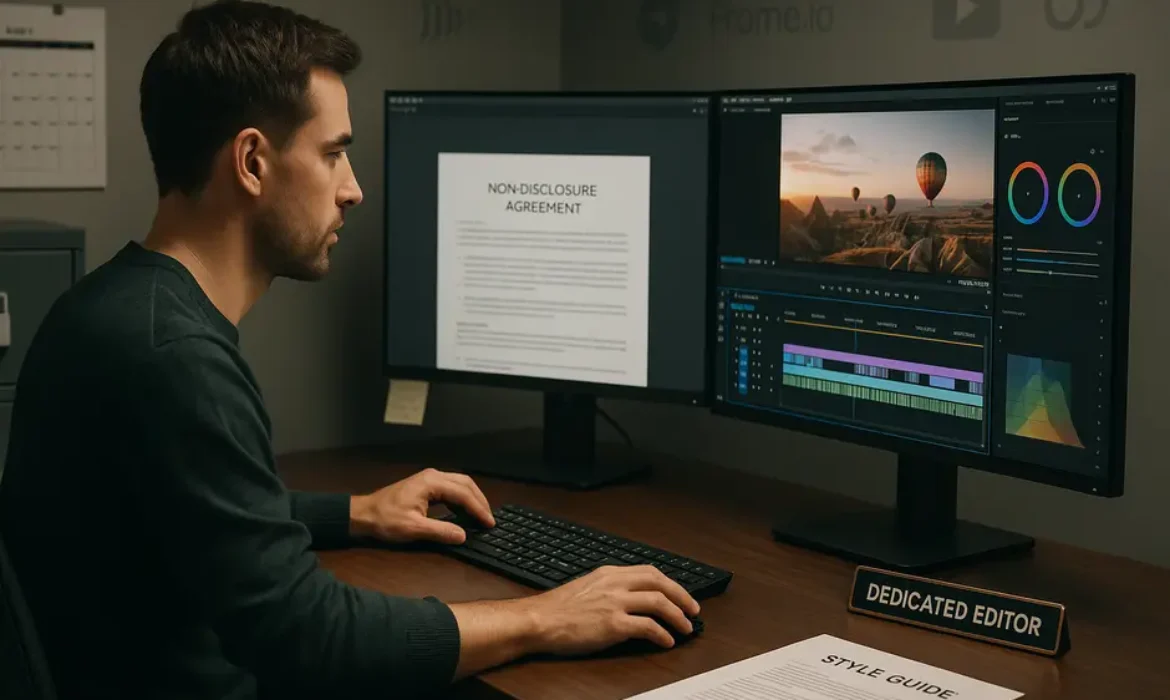 Professional video editor at sleek desk with multiple monitors showing timelines, notes, and NDA screen.