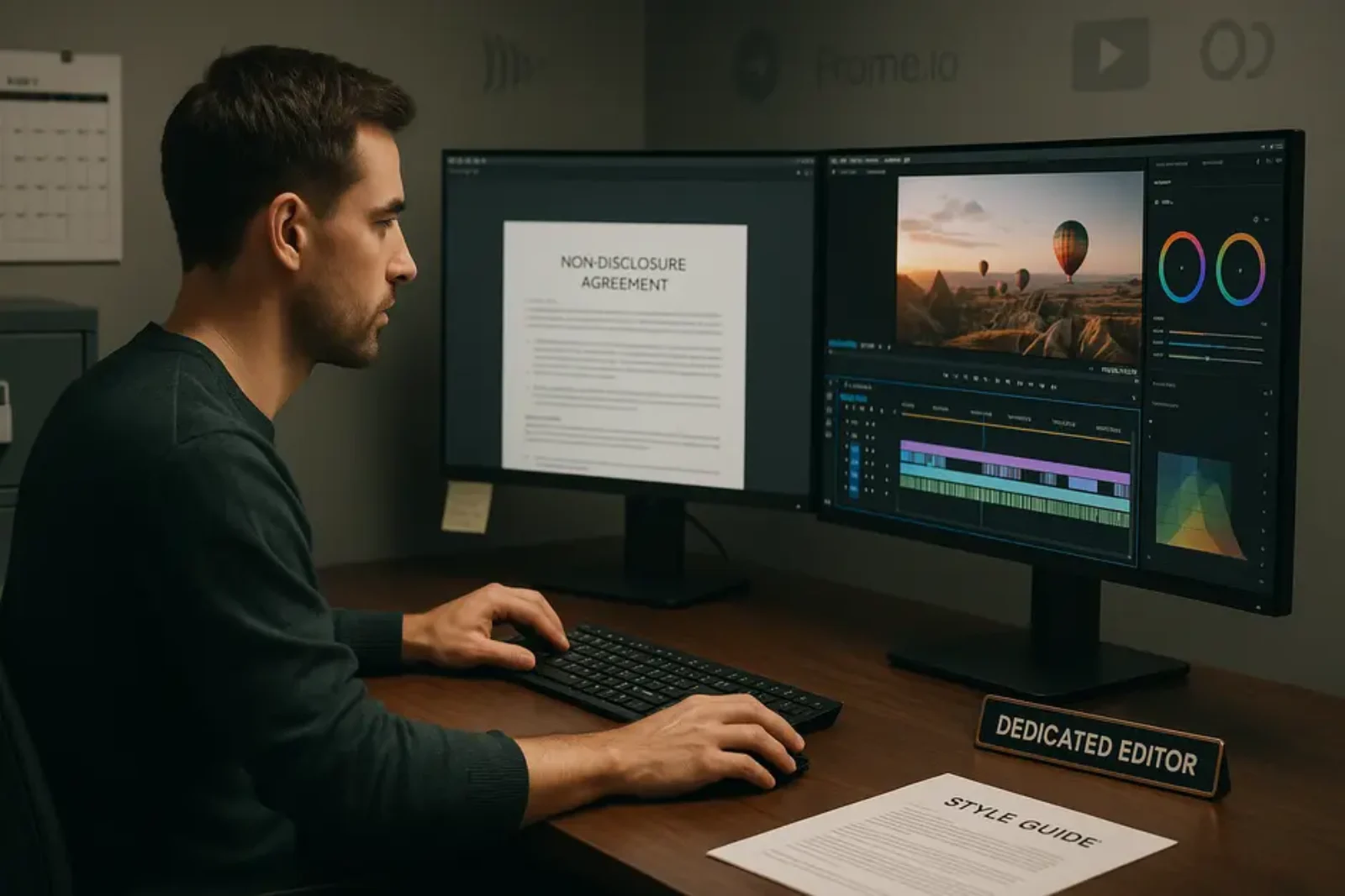 Professional video editor at sleek desk with multiple monitors showing timelines, notes, and NDA screen.