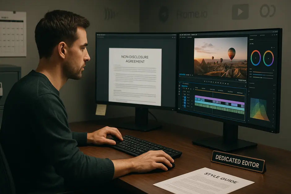 Professional video editor at sleek desk with multiple monitors showing timelines, notes, and NDA screen.