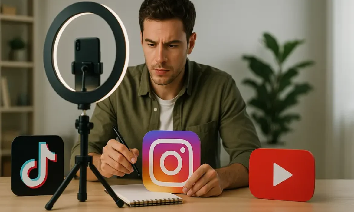Content creator planning short-form video growth with social media icons, ring light, and smartphone tripod
