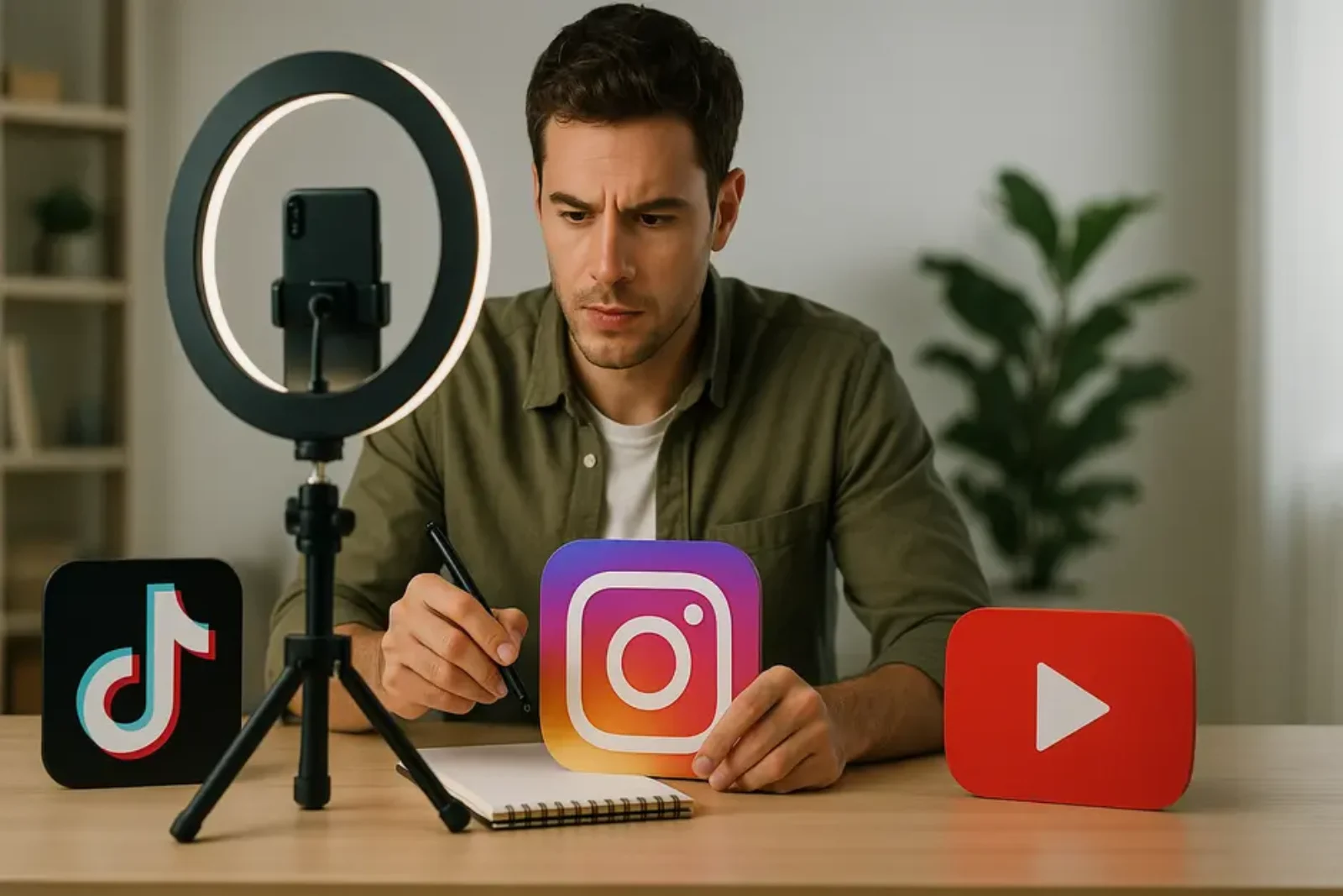 Content creator planning short-form video growth with social media icons, ring light, and smartphone tripod