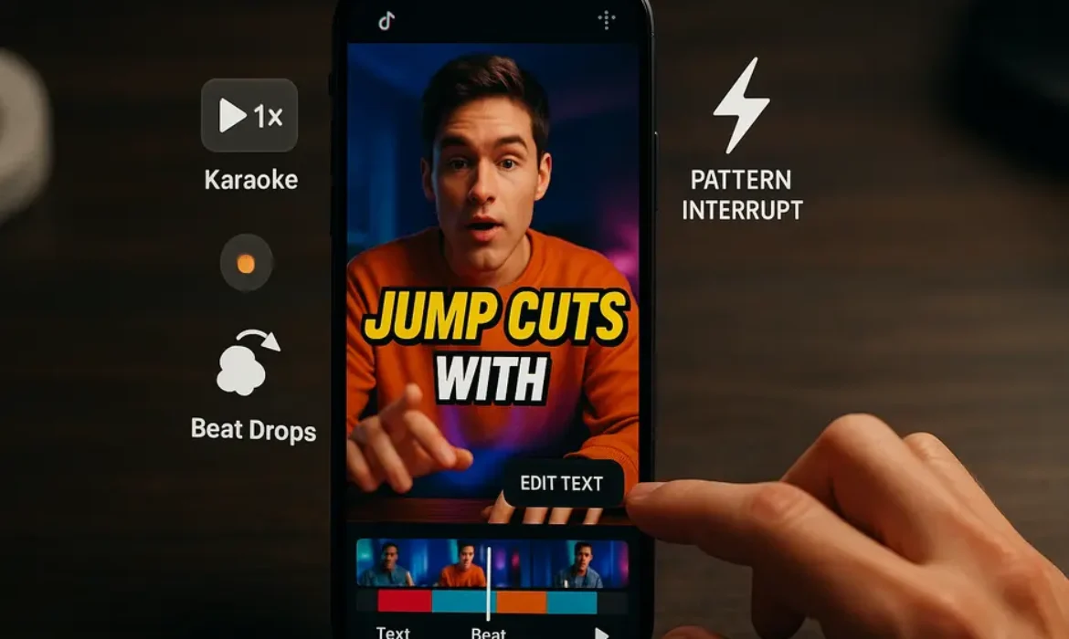 Smartphone showing TikTok video editor with animated captions, jump cuts, and icons for fast editing.