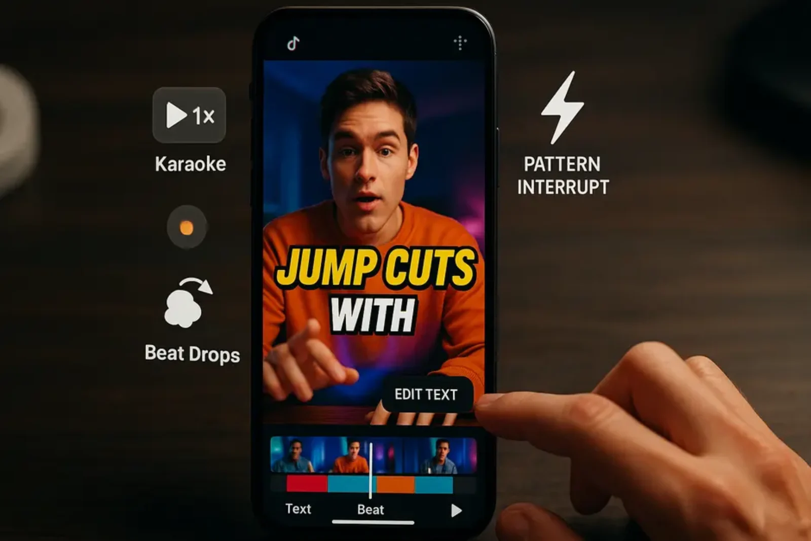 Smartphone showing TikTok video editor with animated captions, jump cuts, and icons for fast editing.