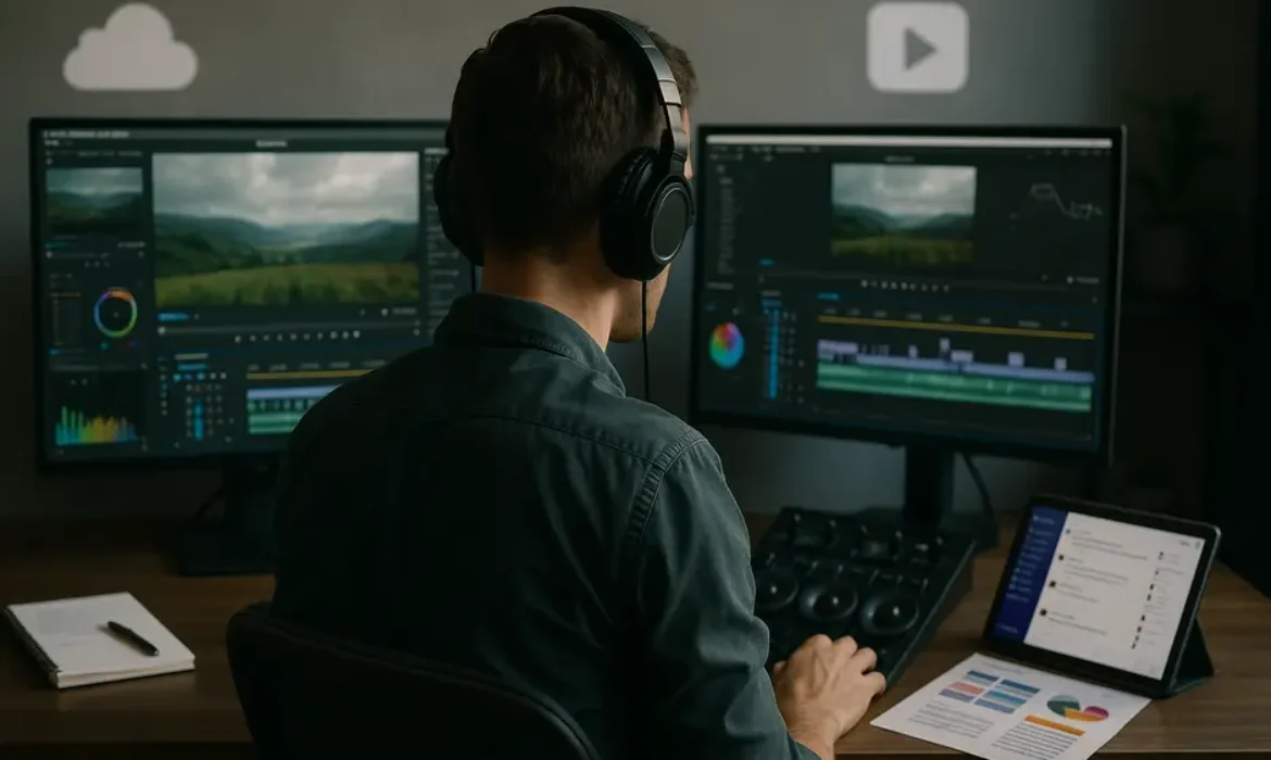 Modern workspace with dual monitors displaying video editing software and a focused editor with headphones