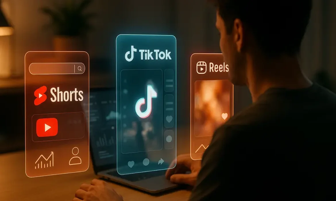 Futuristic workspace with holographic YouTube Shorts, TikTok, and Instagram Reels interfaces and creator tools.