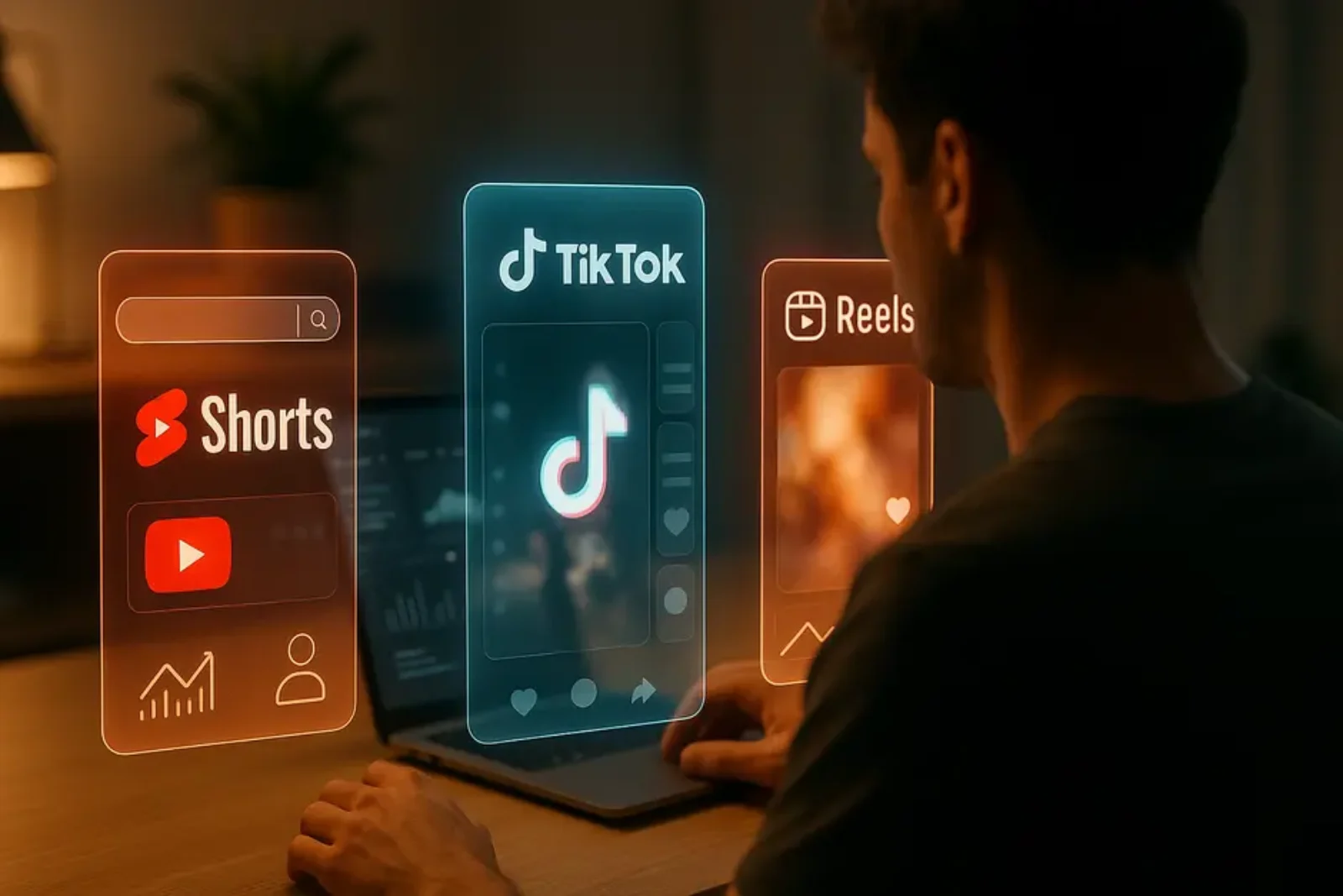 Futuristic workspace with holographic YouTube Shorts, TikTok, and Instagram Reels interfaces and creator tools.