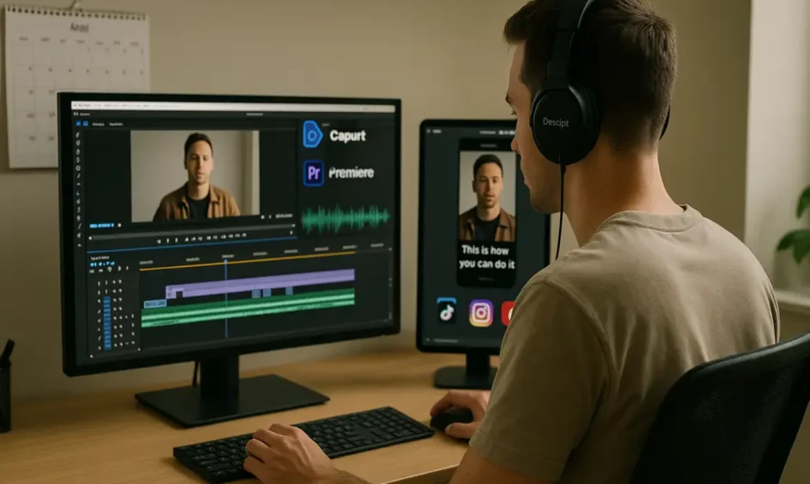 Professional content creator editing videos at a desk with multiple screens showing editing software and captions