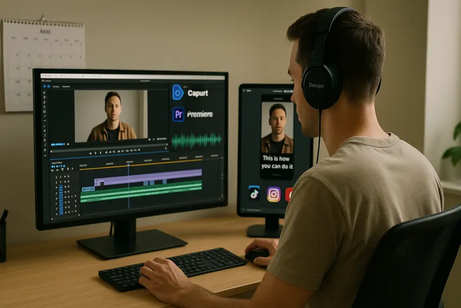Professional content creator editing videos at a desk with multiple screens showing editing software and captions