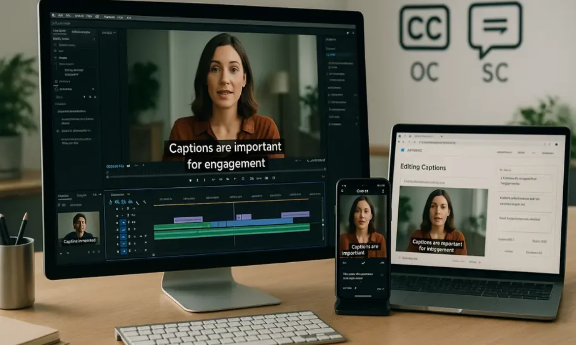 Digital workspace with video editing timeline and synchronized animated captions on multiple devices.