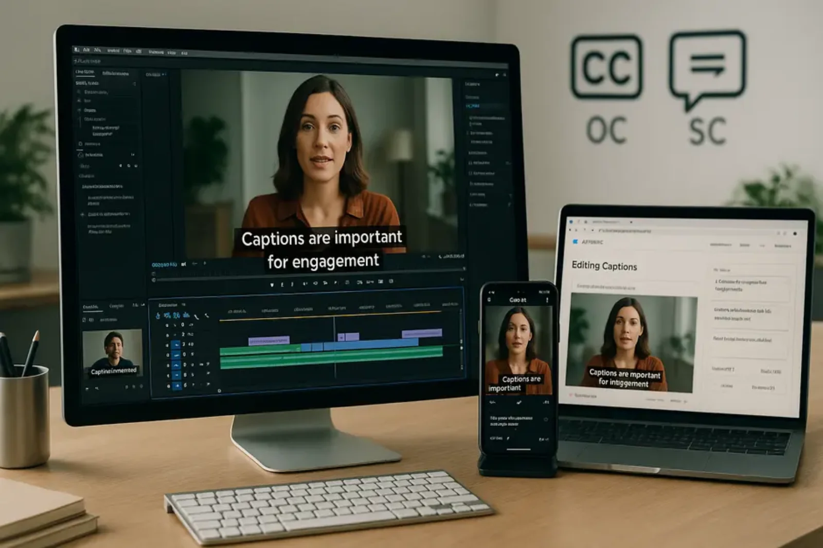 Digital workspace with video editing timeline and synchronized animated captions on multiple devices.