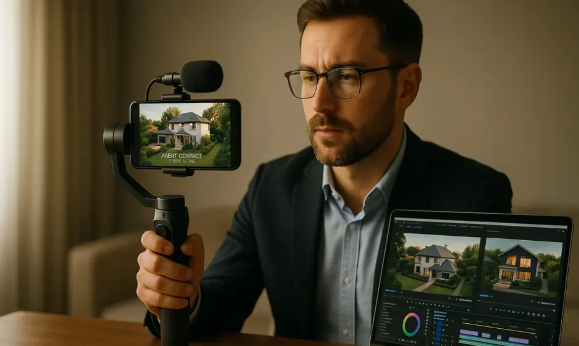 Real estate agent filming property video with smartphone gimbal and drone shot of stylish suburban home