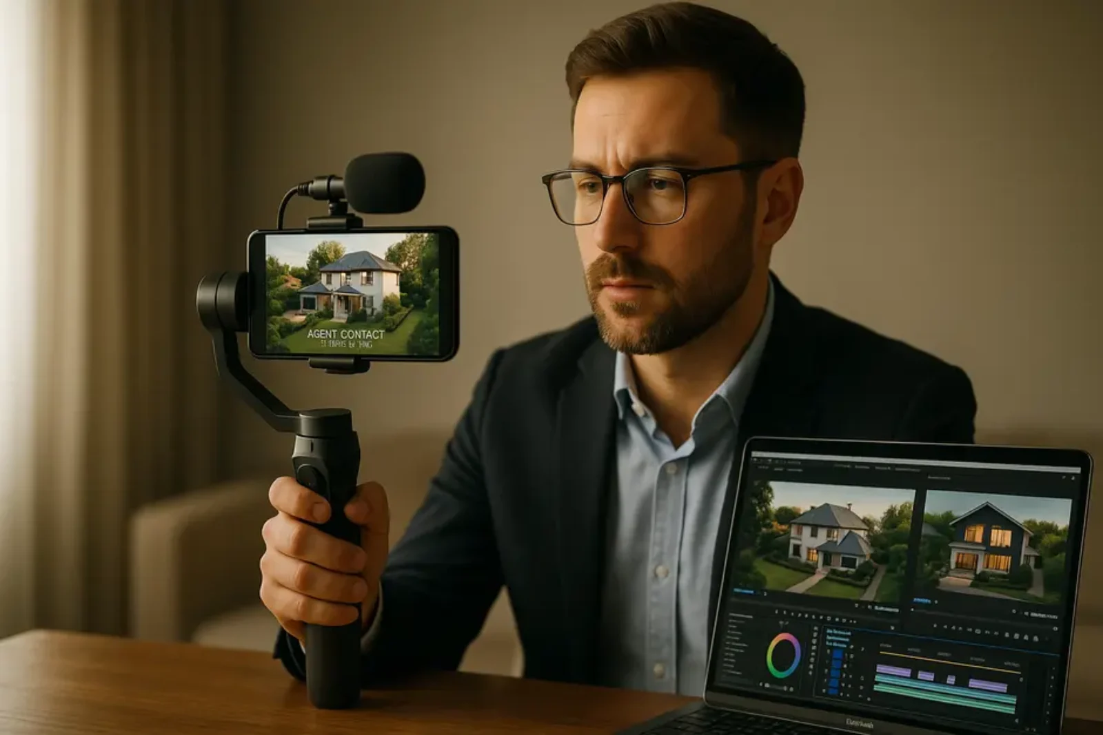 Real estate agent filming property video with smartphone gimbal and drone shot of stylish suburban home