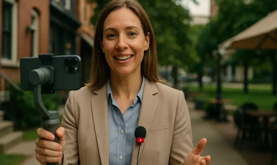 Confident real estate agent filming YouTube video outdoors in vibrant neighborhood with charming houses and parks