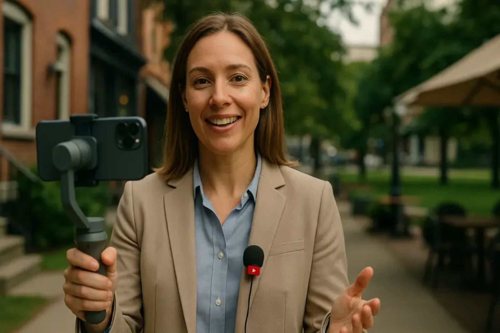 Confident real estate agent filming YouTube video outdoors in vibrant neighborhood with charming houses and parks