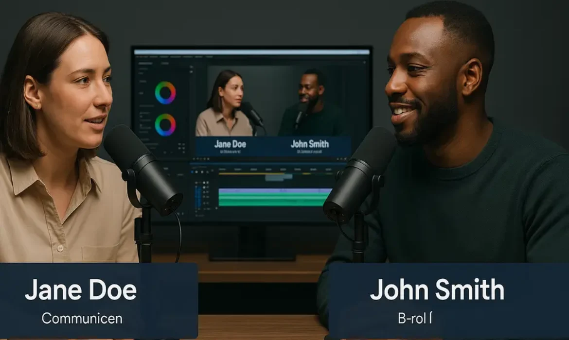 Two podcasters converse in a modern studio with Shure microphones, video editing, and clear lighting.