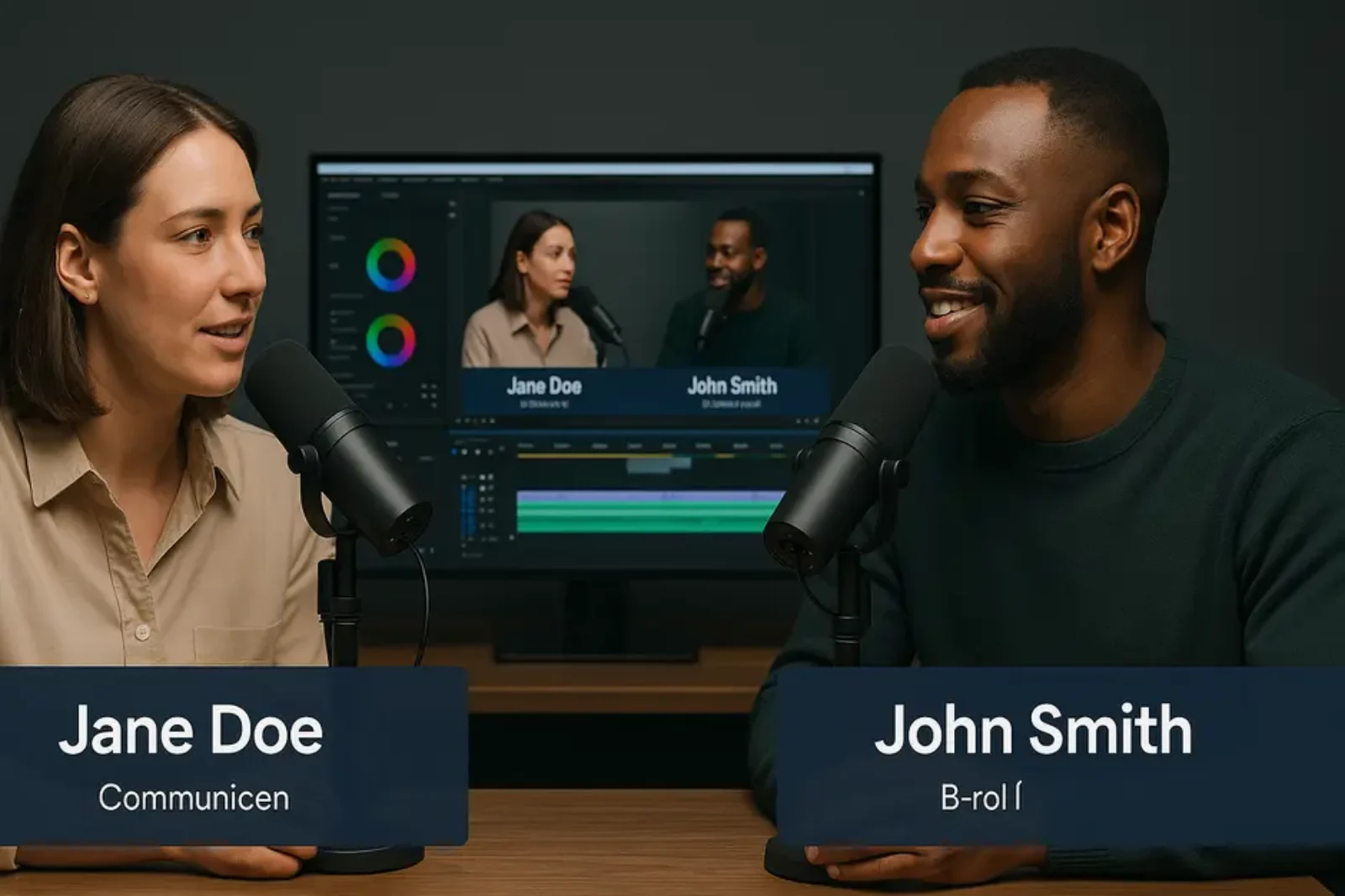 Two podcasters converse in a modern studio with Shure microphones, video editing, and clear lighting.