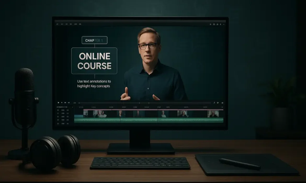 Modern video editing workspace with multi-track software, microphone, headphones, and graphics tablet.