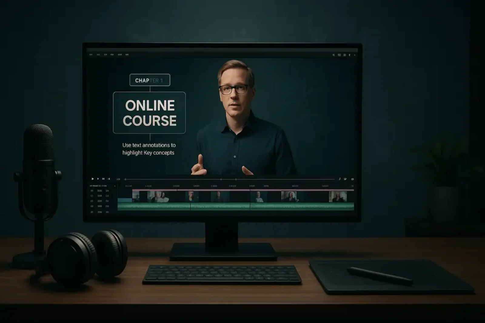 Modern video editing workspace with multi-track software, microphone, headphones, and graphics tablet.