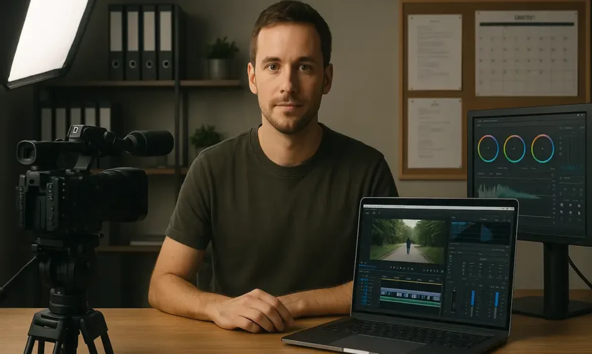 Content creator in modern studio with 4K camera, editing screens, studio lights, and organized workspace