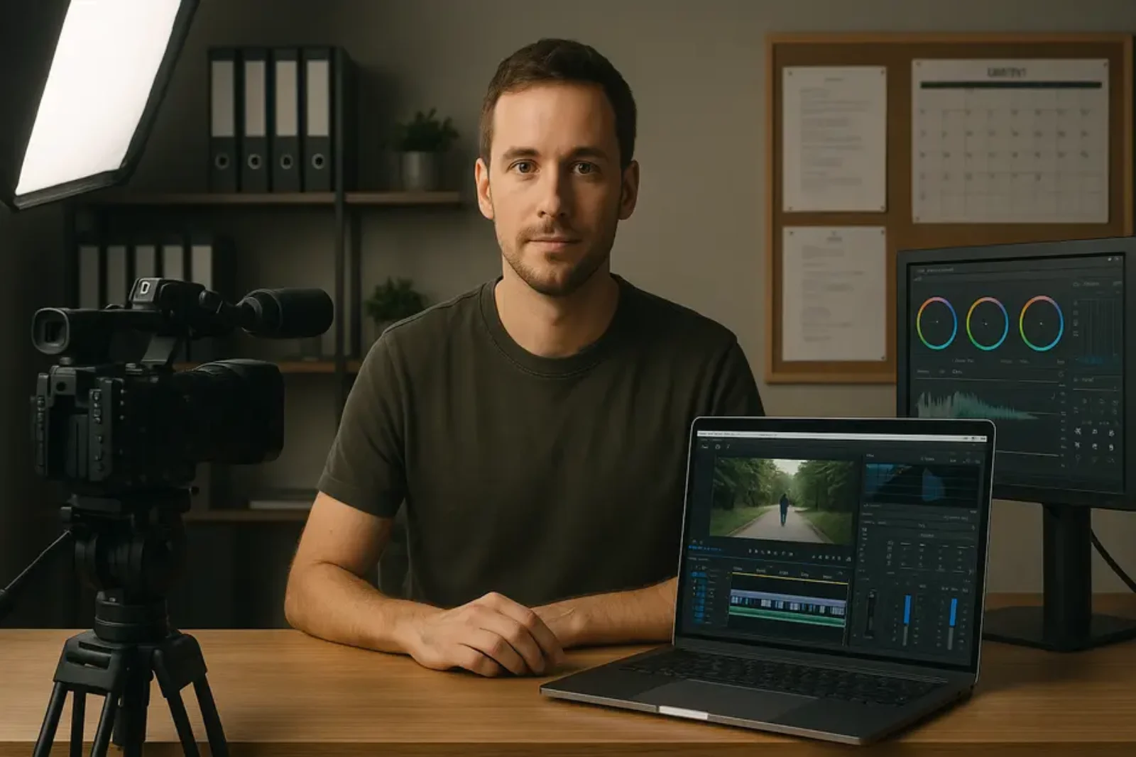 Content creator in modern studio with 4K camera, editing screens, studio lights, and organized workspace