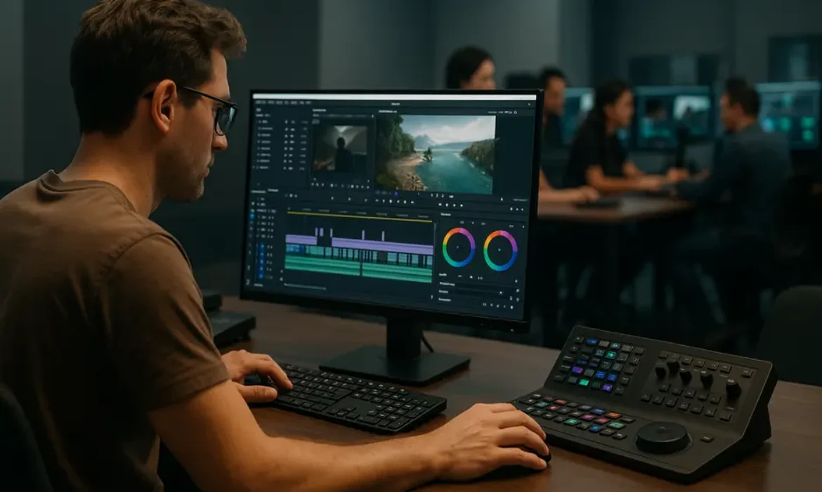 Split view of solo video editor working on complex project and team collaborating in busy studio.