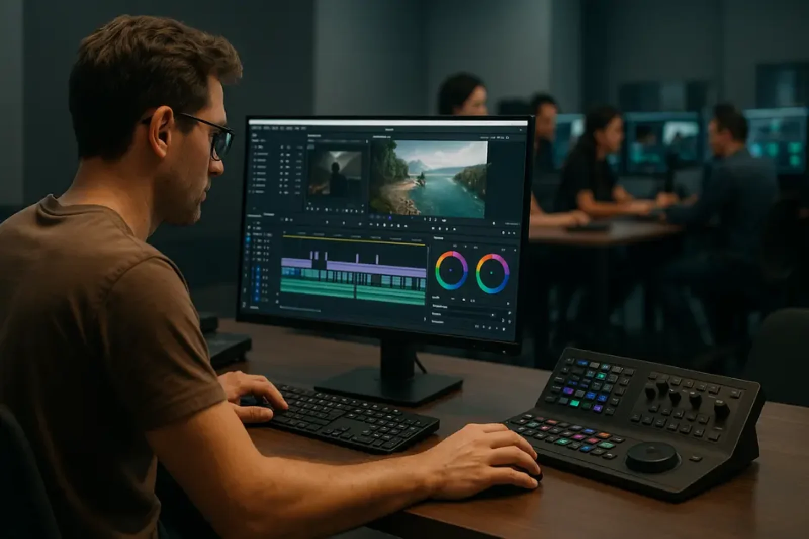 Split view of solo video editor working on complex project and team collaborating in busy studio.