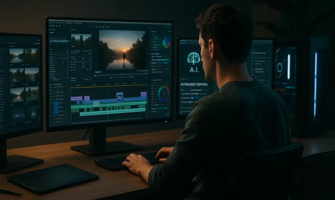 Professional video editing workspace in 2026 with multiple monitors, editing software, and ambient lighting.