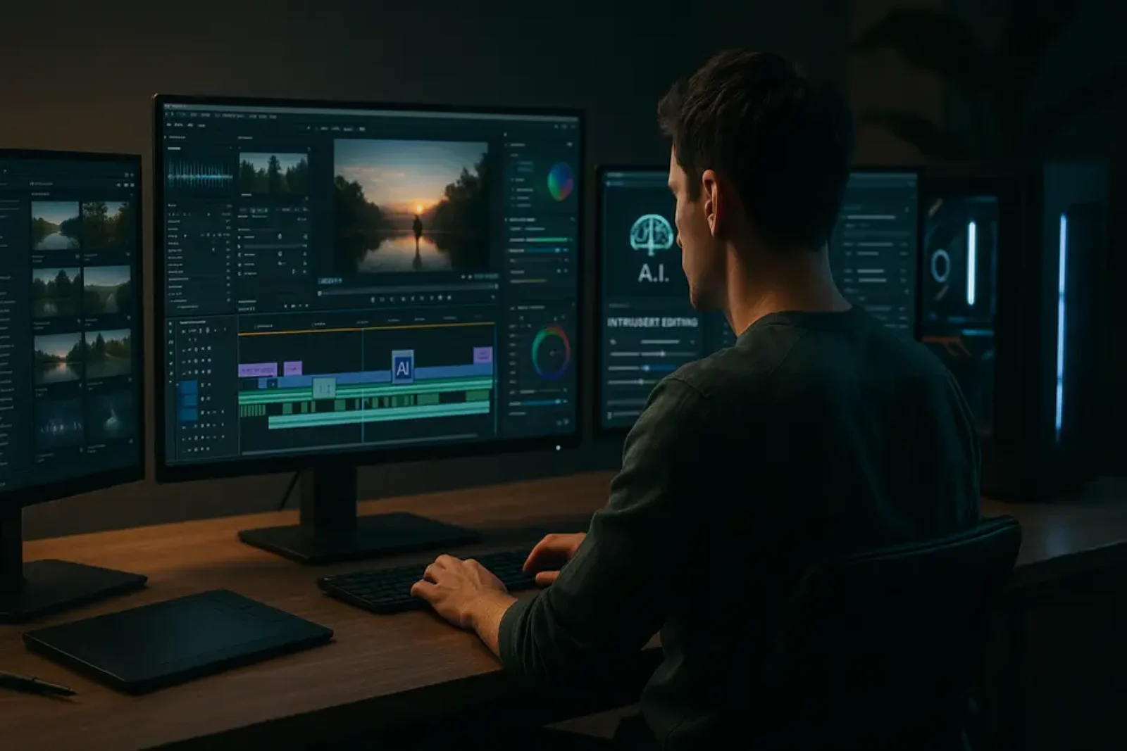 Professional video editing workspace in 2026 with multiple monitors, editing software, and ambient lighting.