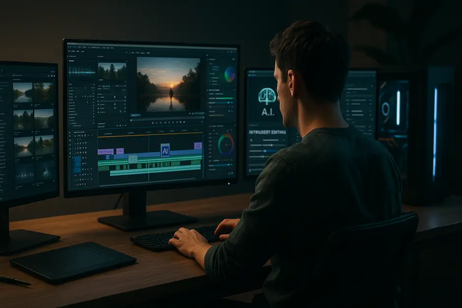 Professional video editing workspace in 2026 with multiple monitors, editing software, and ambient lighting.
