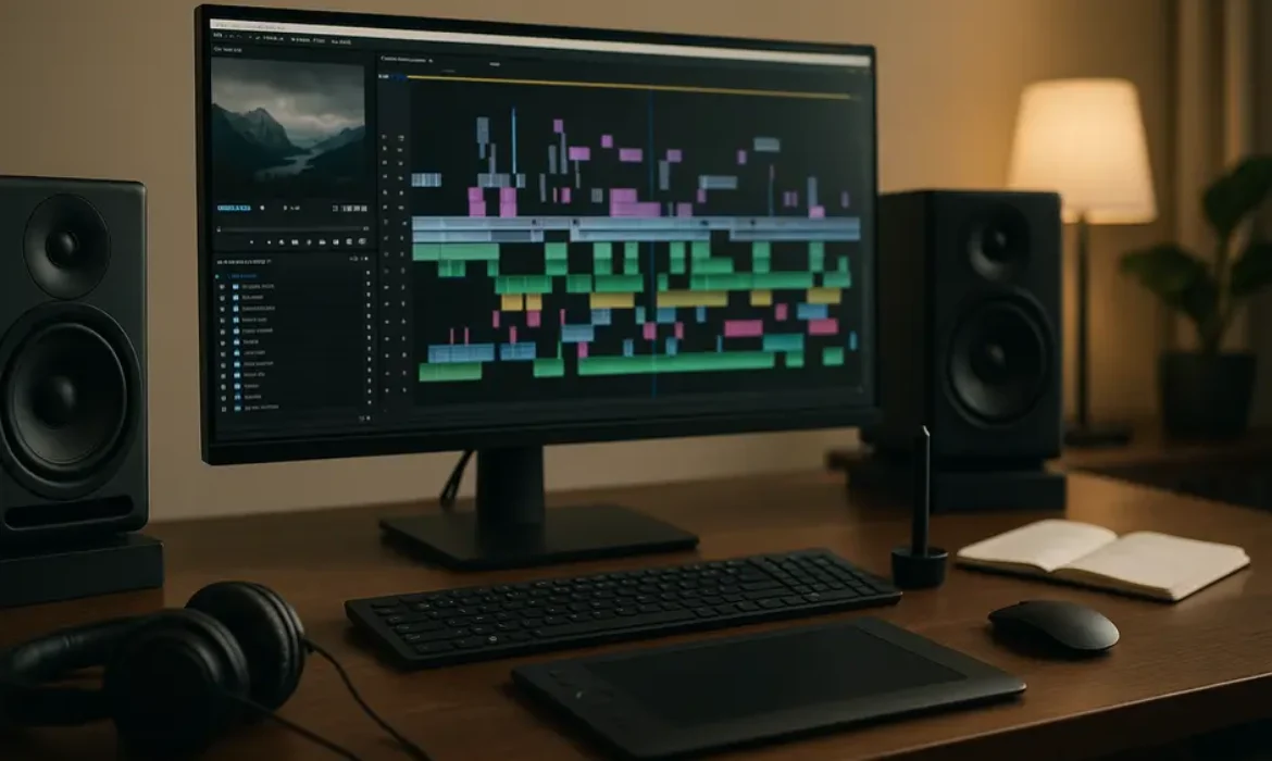 Modern video editing workspace with widescreen monitor, studio speakers, graphics tablet, and ambient lighting.