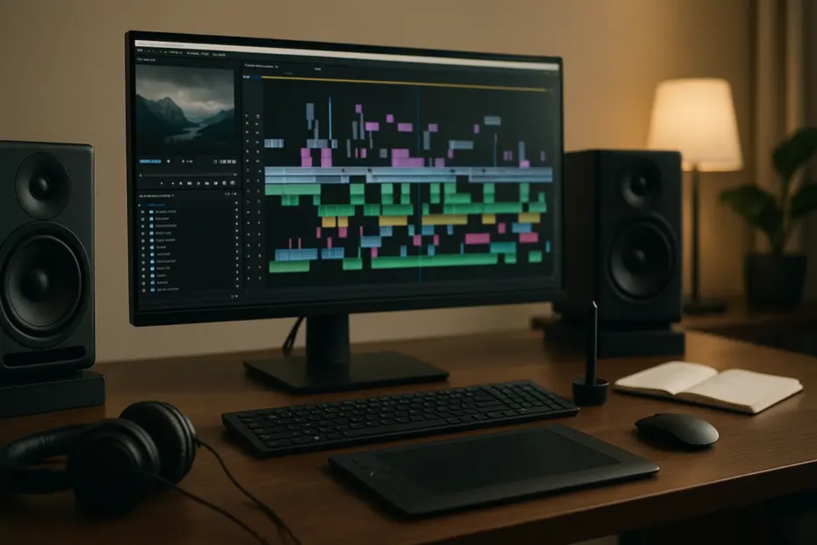 Modern video editing workspace with widescreen monitor, studio speakers, graphics tablet, and ambient lighting.