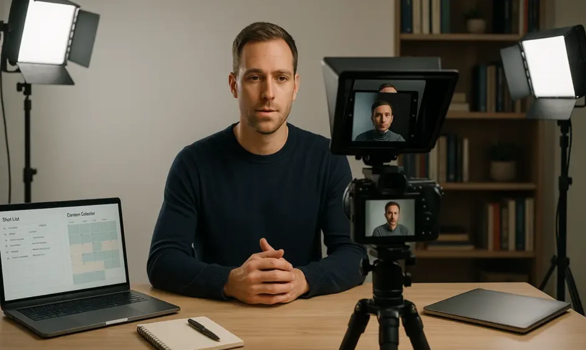YouTube studio with solo creator filming multiple videos using professional lighting and teleprompter