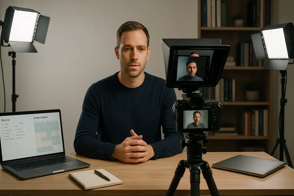 YouTube studio with solo creator filming multiple videos using professional lighting and teleprompter