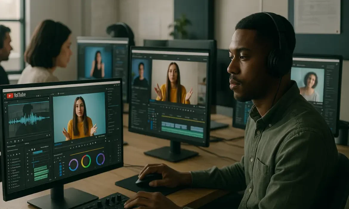 Diverse video editors collaborating in a bright studio with multiple screens showing social media content.