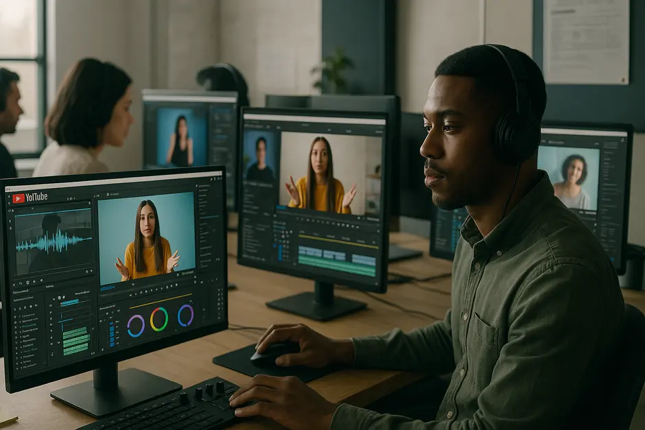 Diverse video editors collaborating in a bright studio with multiple screens showing social media content.