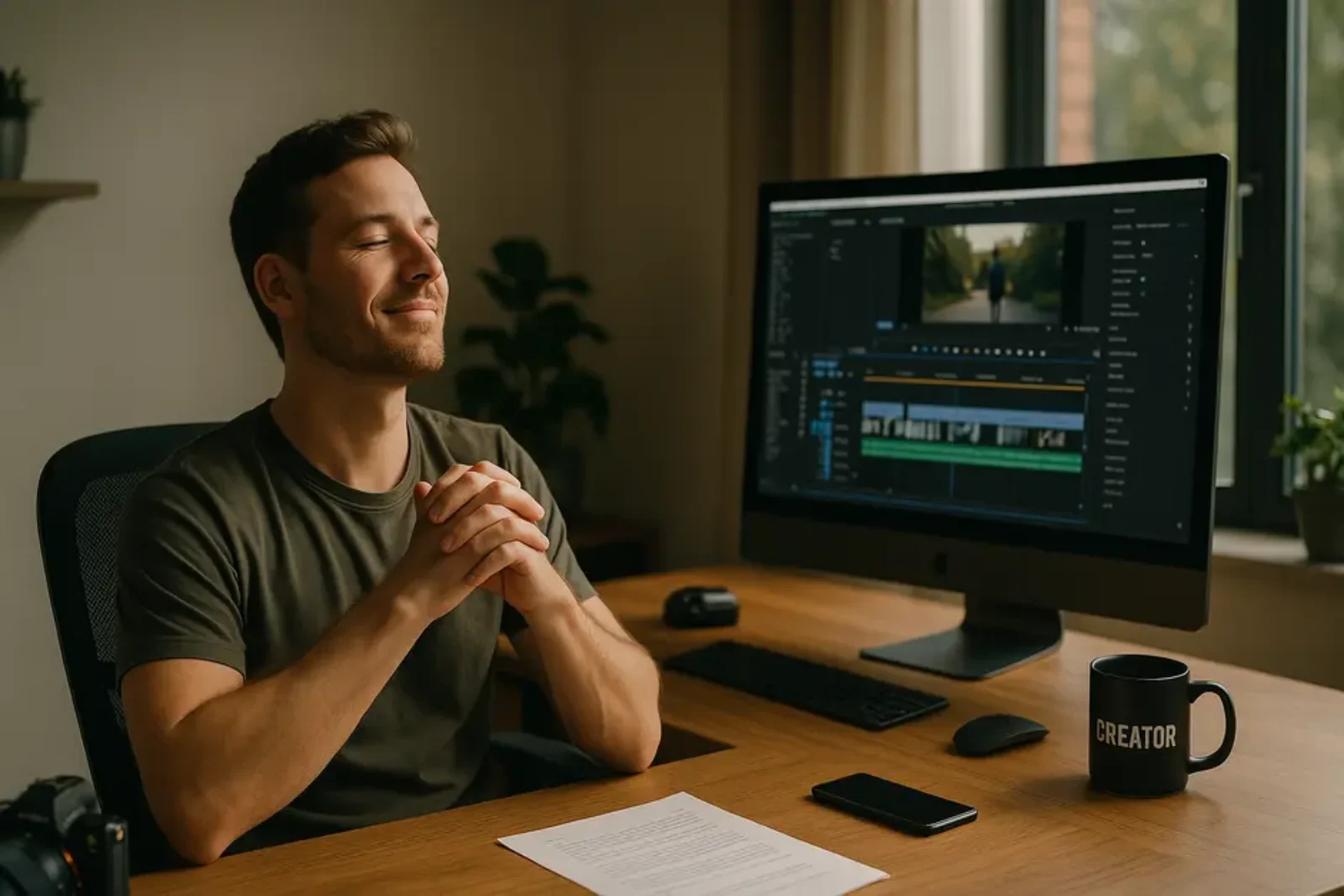 Content creator relaxed in bright home office after hiring video editor, with editing software on screen.