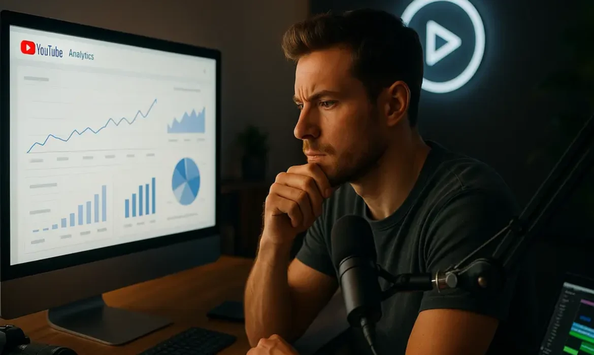 Professional YouTuber analyzing YouTube Analytics on screen in a modern home studio with creative gear.