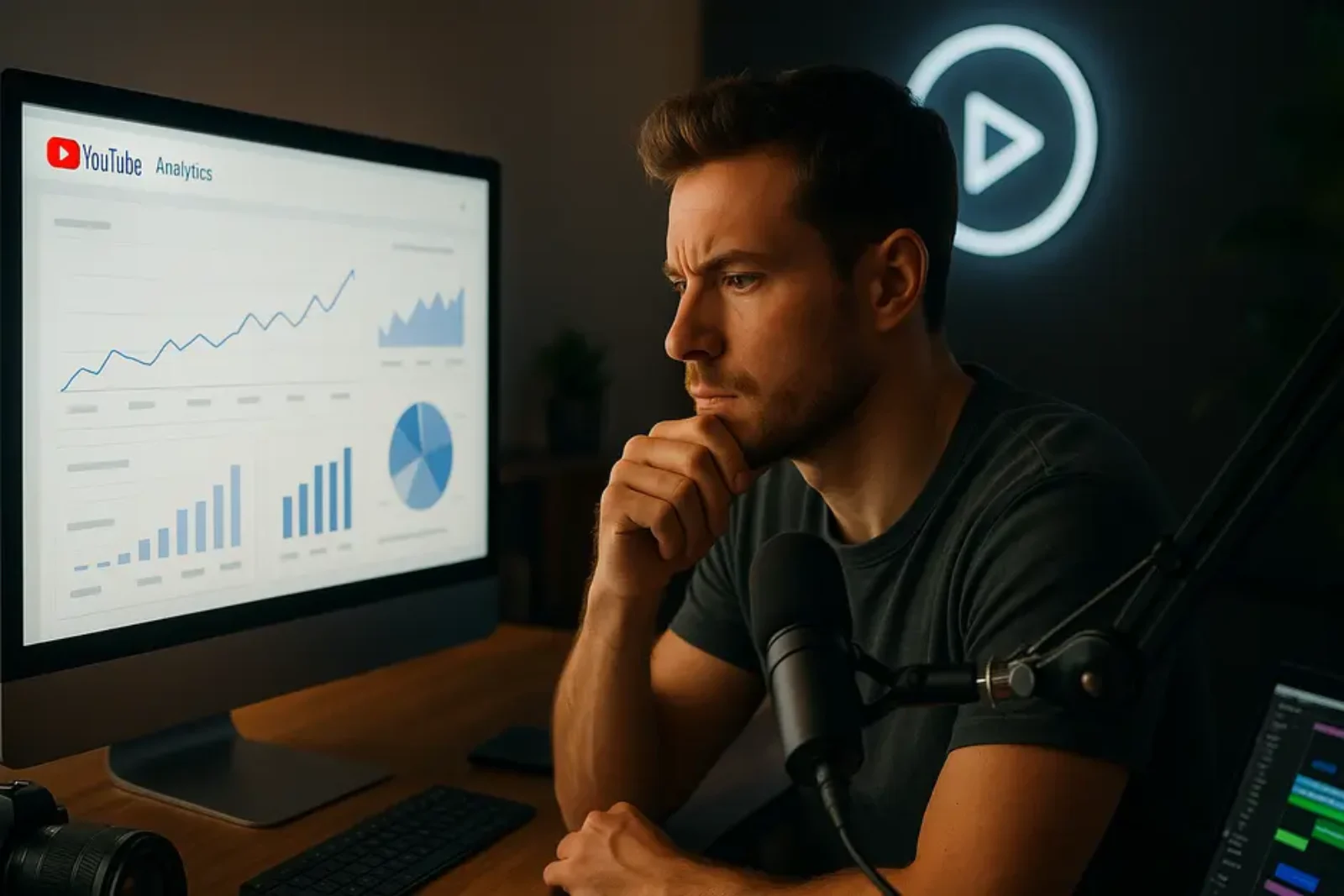 Professional YouTuber analyzing YouTube Analytics on screen in a modern home studio with creative gear.