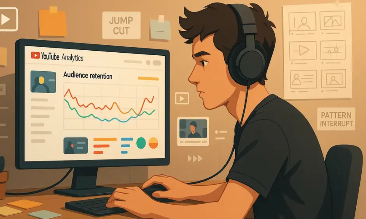 YouTube creator intensely editing video with colorful analytics and storyboard notes in vibrant workspace