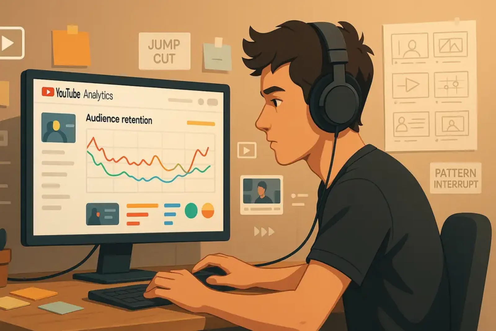 YouTube creator intensely editing video with colorful analytics and storyboard notes in vibrant workspace