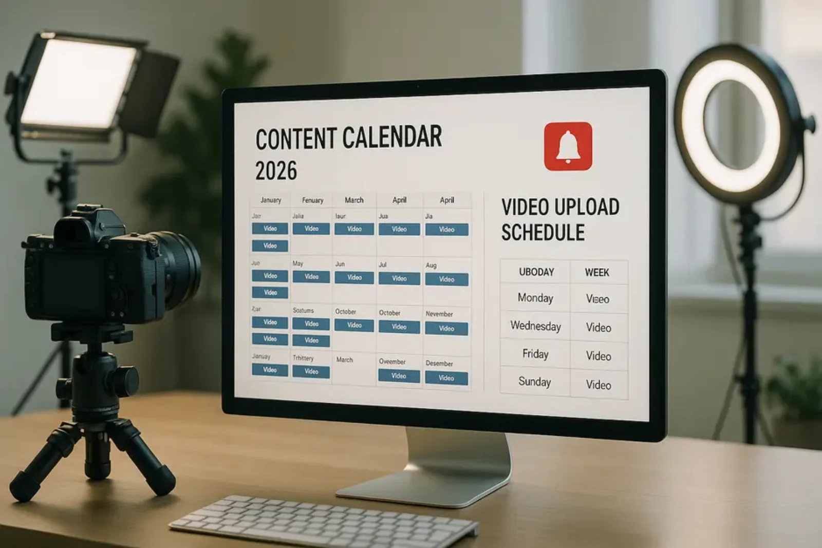 Modern YouTube creator workspace with content calendar, camera gear, lighting, and batch filming setup