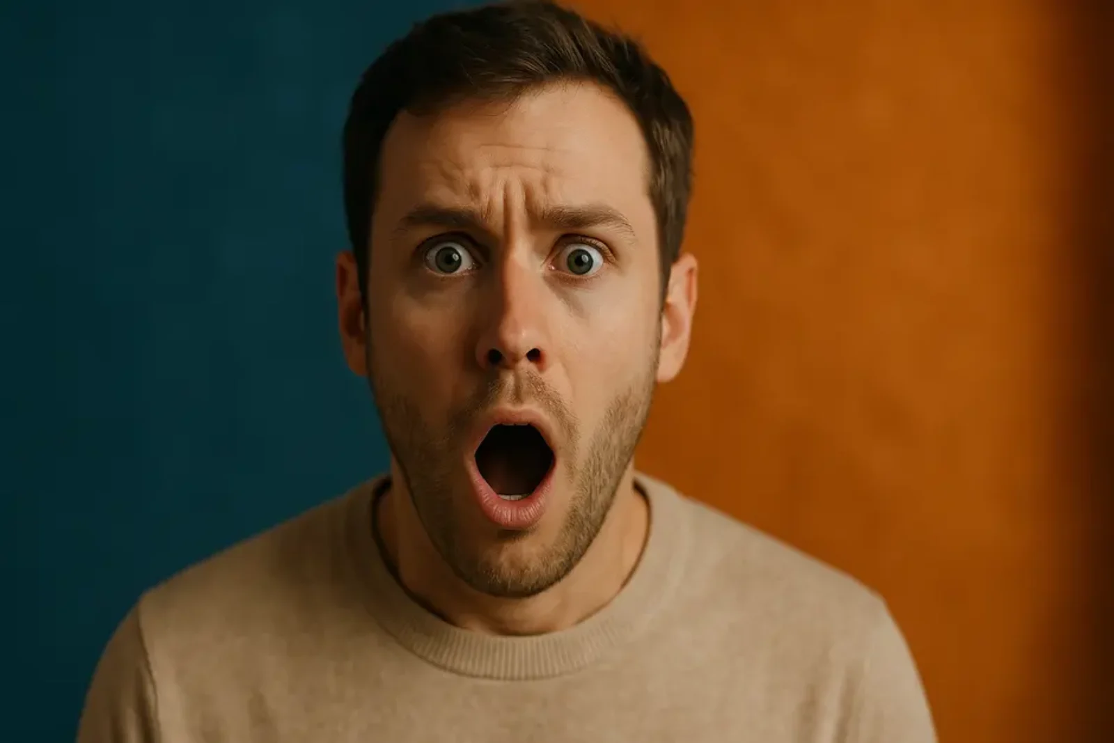 Person with shocked expression off-center against deep blue and bright orange background with bold text