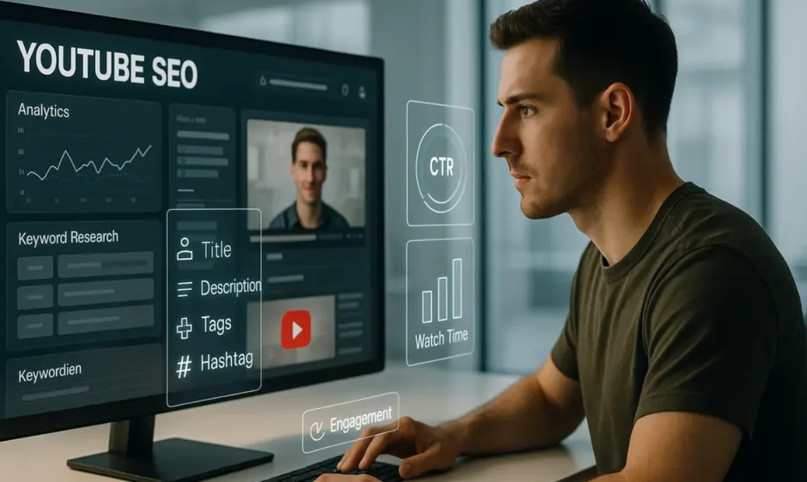 Futuristic workspace showing YouTube SEO analytics, keyword tools, video preview, and content creator.