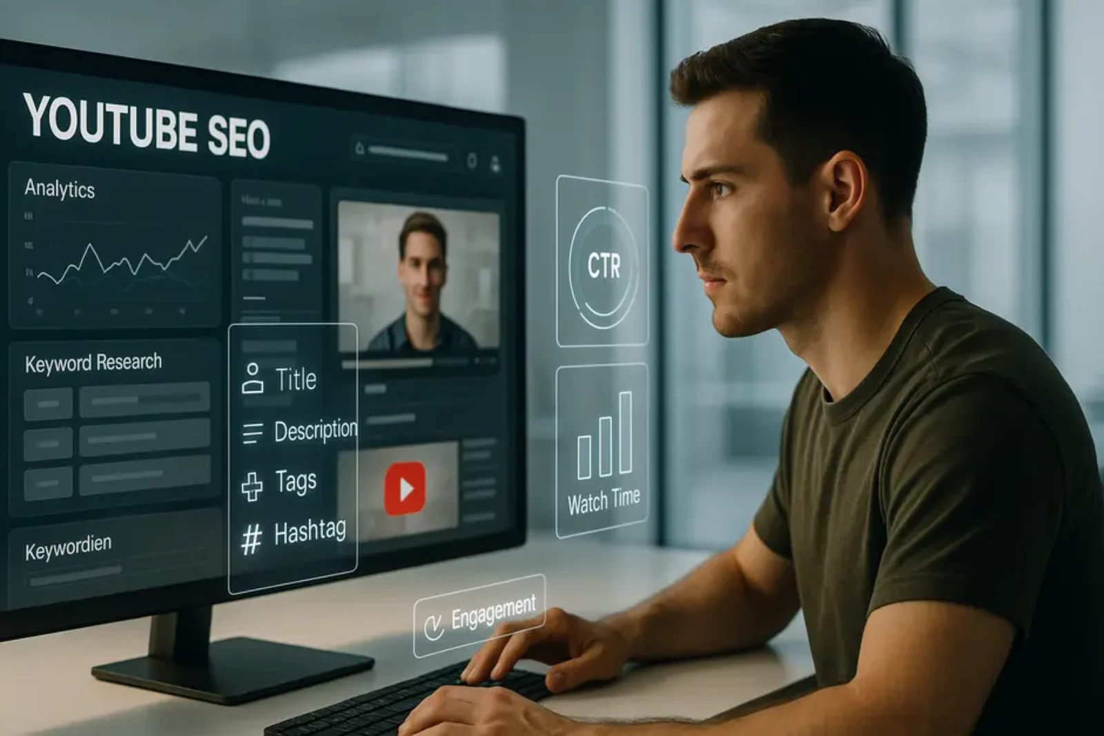 Futuristic workspace showing YouTube SEO analytics, keyword tools, video preview, and content creator.