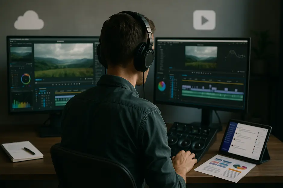 Modern workspace with dual monitors displaying video editing software and a focused editor with headphones