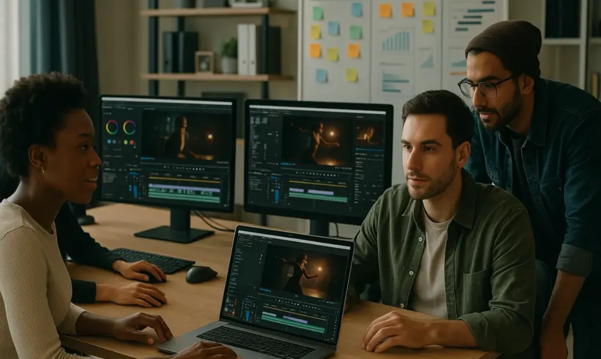 Modern marketing agency office with diverse team collaborating on video projects, screens with editing software.