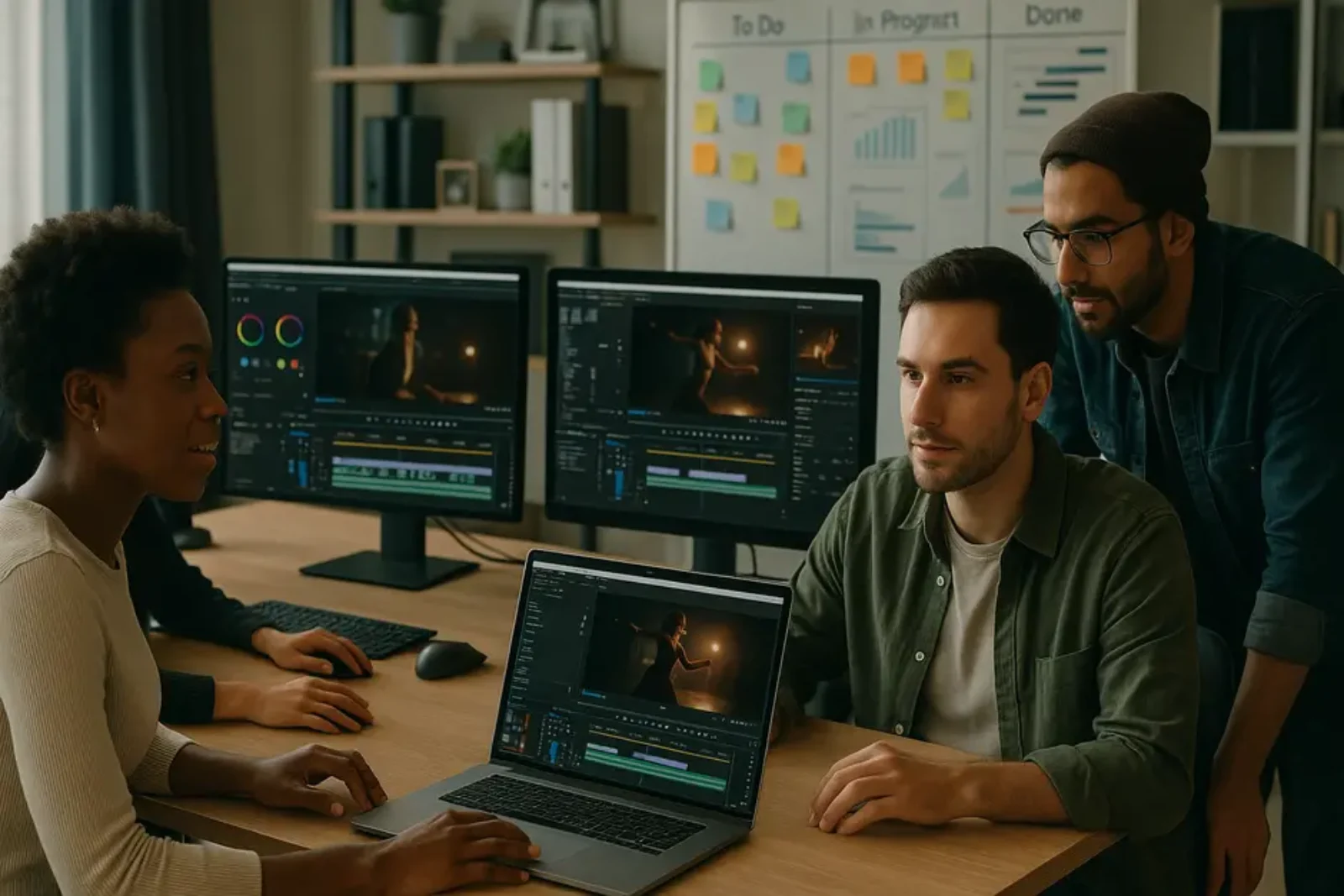 Modern marketing agency office with diverse team collaborating on video projects, screens with editing software.
